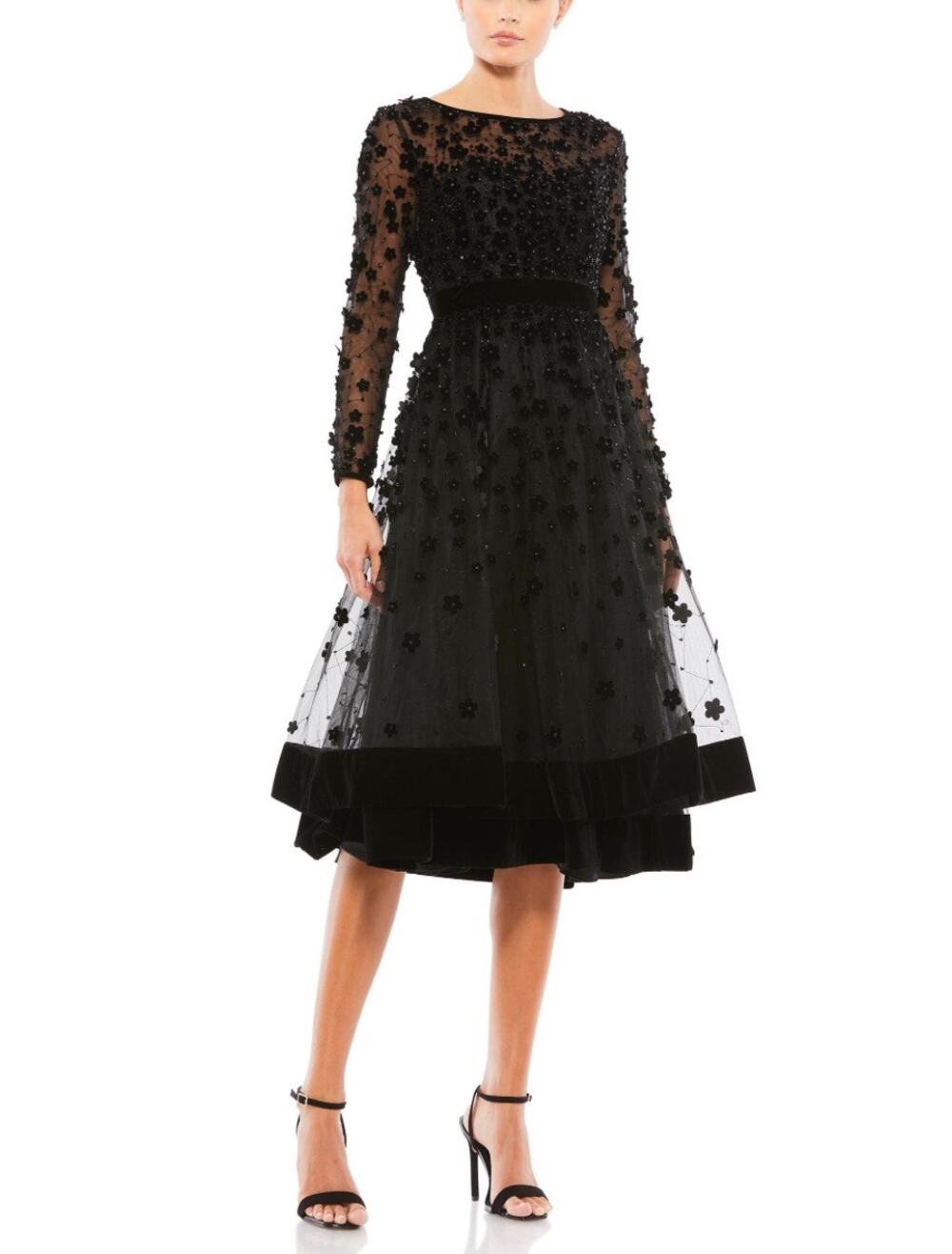 Mac Duggal Black Long Sleeve Tea-Length Dress with 3D Floral Appliqué